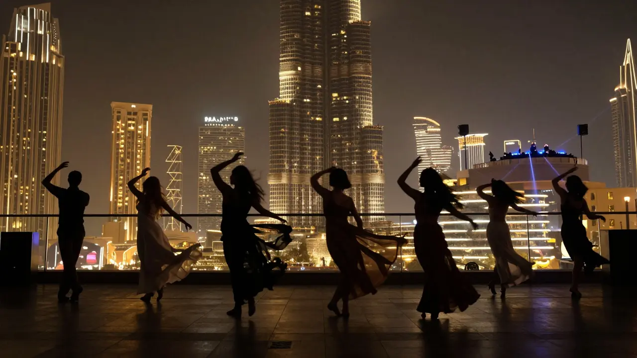 Elegant dancers on a high-rise terrace overlooking Dubai’s skyline at night with the Burj Khalifa in view.