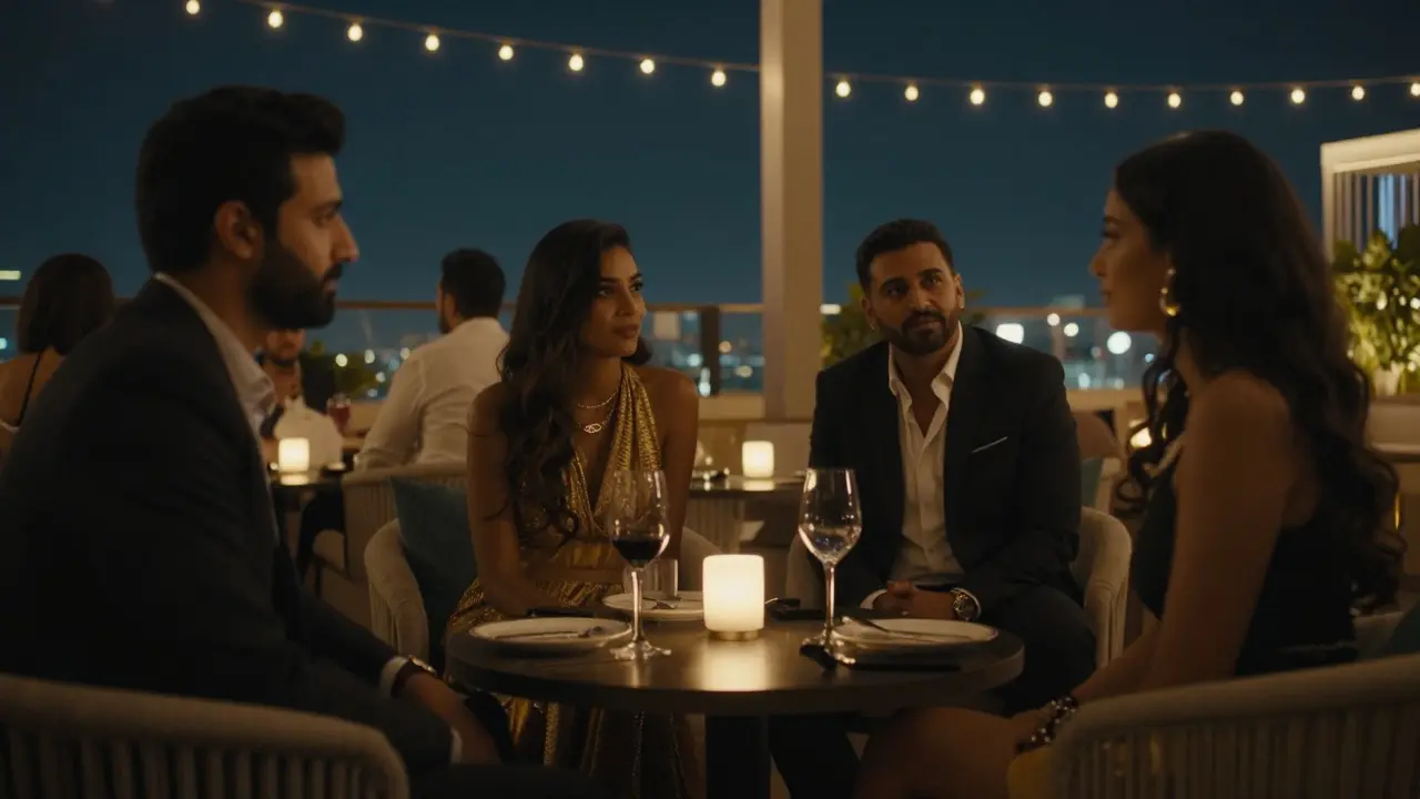 Elegant guests converse discreetly at a high-end Dubai rooftop lounge under soft lights.