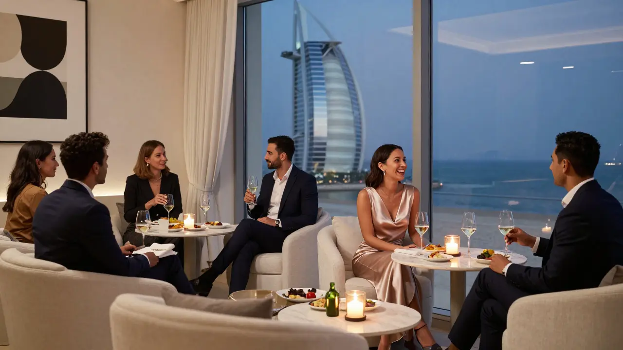 Guests enjoy quiet conversation in a luxurious Dubai lounge with views of the ocean at twilight.