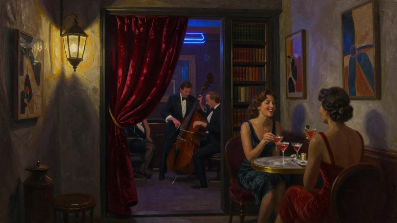 Hidden speakeasy entrance in a dimly lit alley with a velvet curtain and jazz musicians inside.