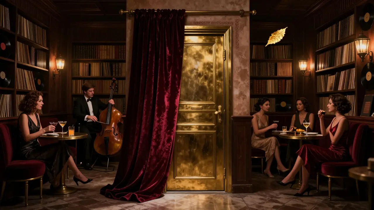 Hidden speakeasy with vinyl library and jazz band, warm lamplight and gold leaf