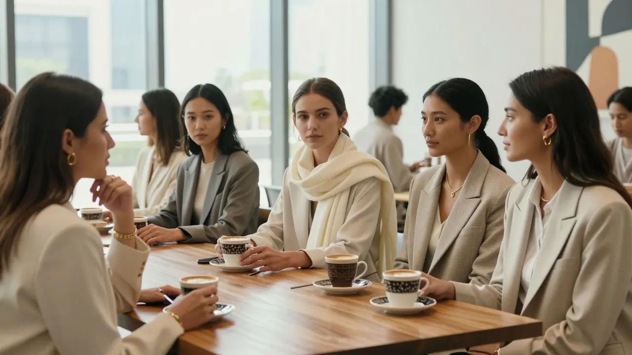Models socialize at Level 33 in Dubai Design District, dressed in layered neutrals, sipping coffee under natural daylight.