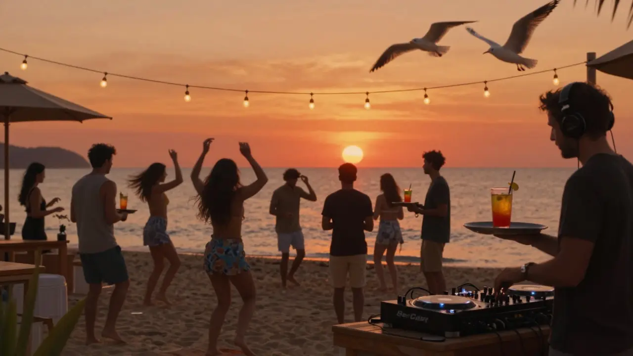 People dancing barefoot near the water at a beach club during sunset, with string lights and a DJ booth in the background.