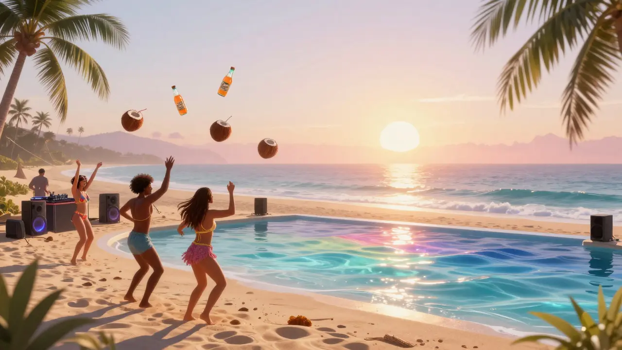 People dancing barefoot on a beach at sunrise beside a pool and sand-embedded DJ booth.