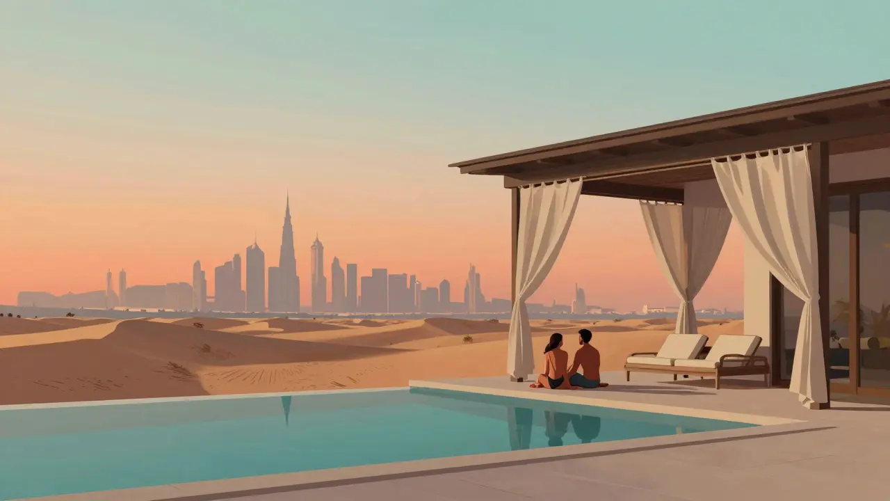 Private villa with infinity pool on Palm Jumeirah at sunset, serene atmosphere, Dubai skyline in distance.