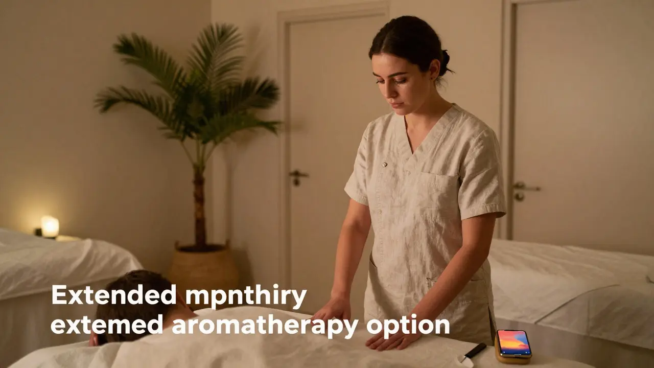 Spa therapist offering a coded service option in a minimalist lounge.