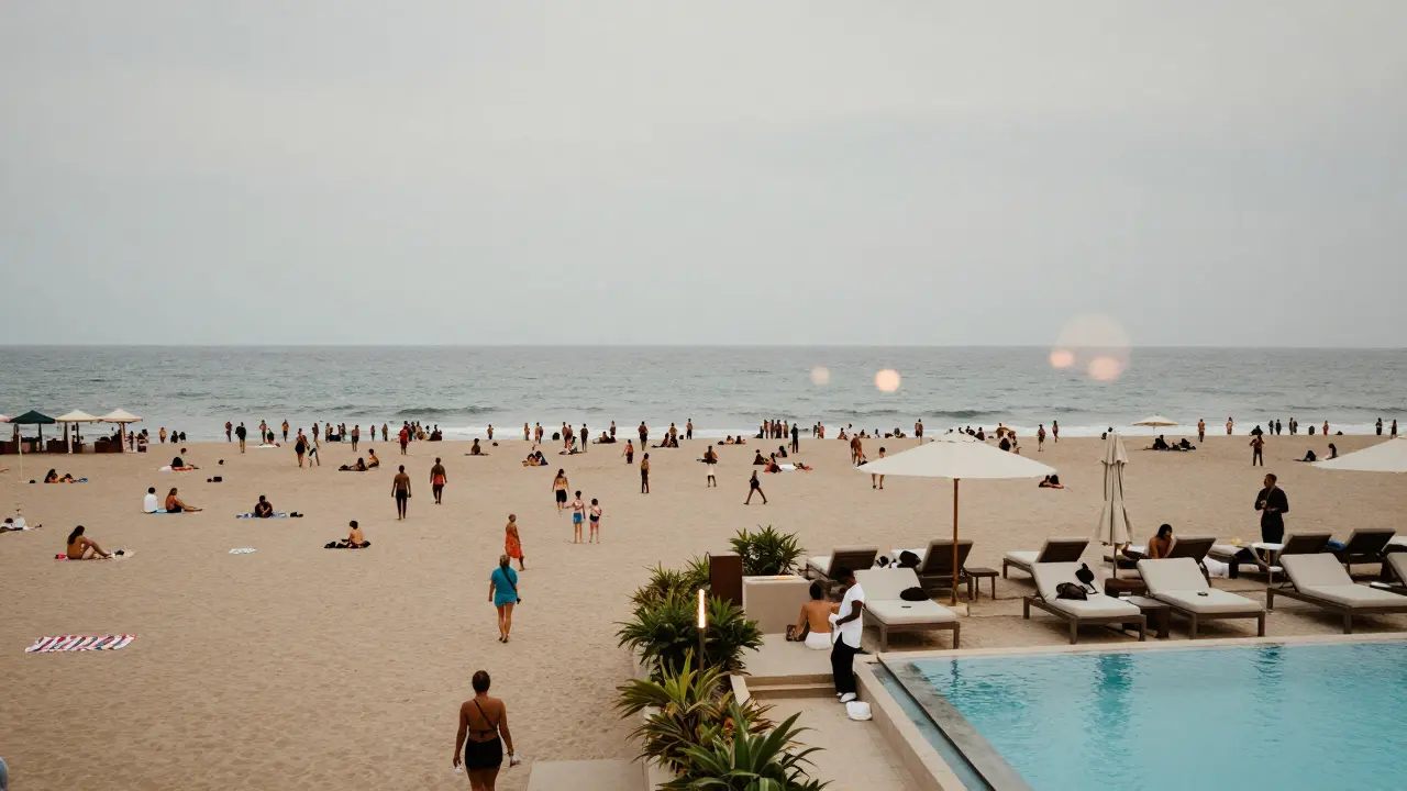 Split-image contrast: chaotic public beach versus serene, luxurious beach club with infinity pool merging into the ocean.