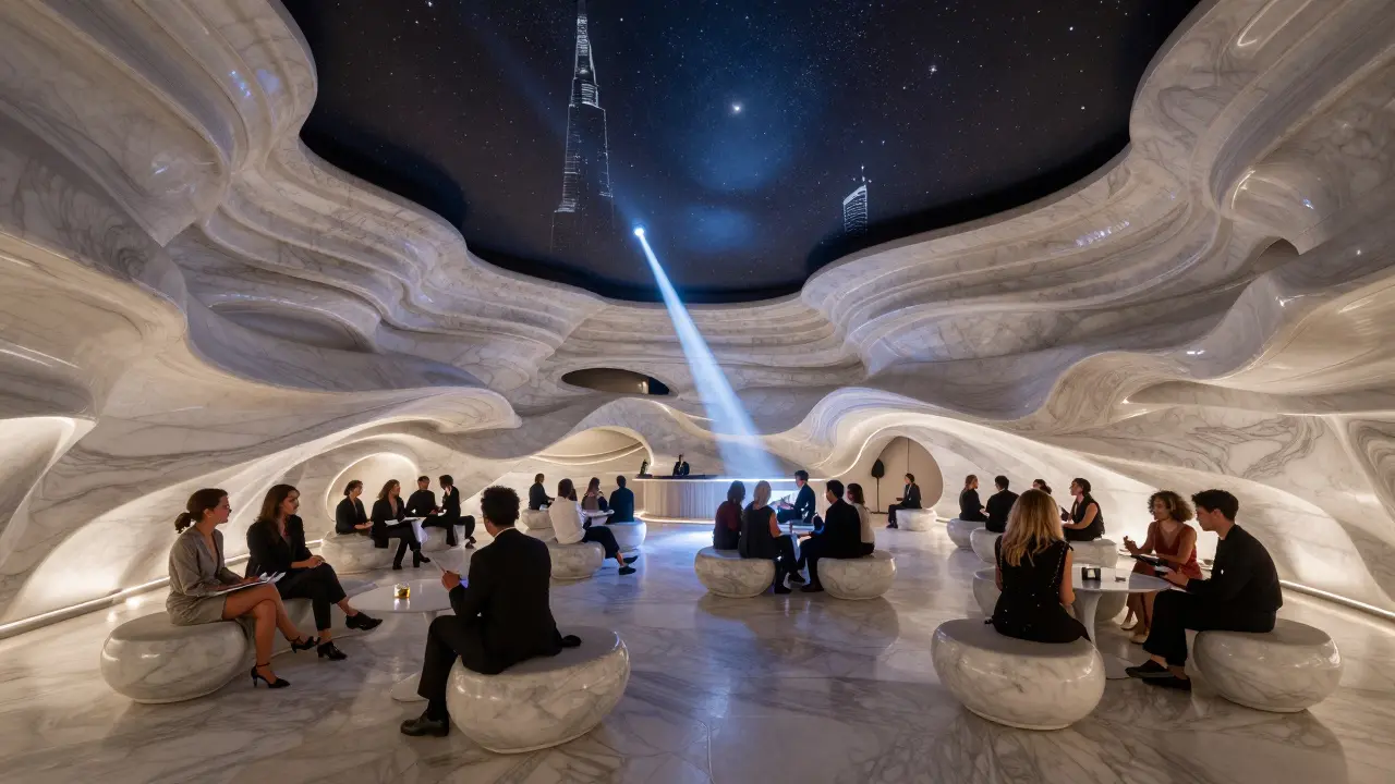 Surreal interior of Opus club with flowing architecture that moves in rhythm with unseen music.