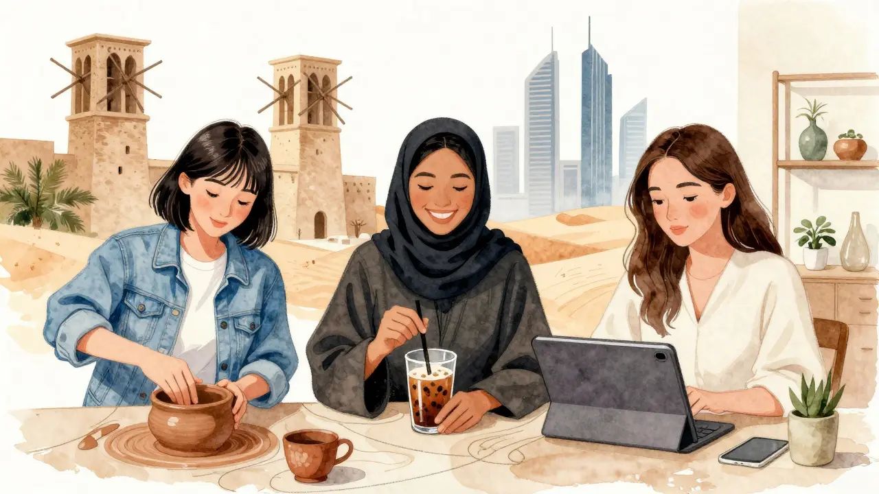 Three diverse women working and laughing together, symbolizing Dubai's multifaceted female identity.