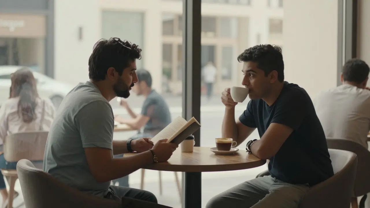 Two people having a quiet conversation in a Dubai coffee shop, immersed in a calm, everyday moment.