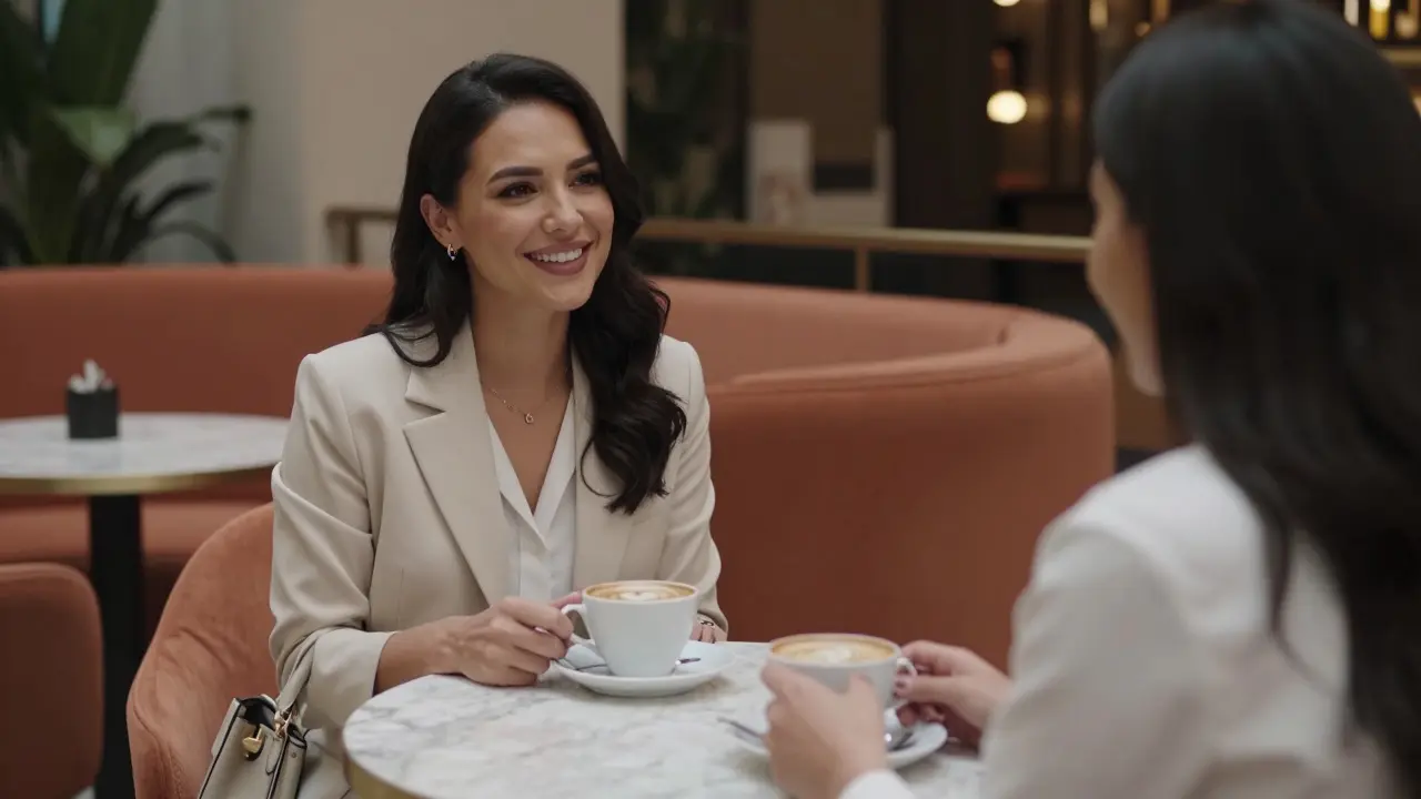 Two people having quiet coffee in a luxury hotel lounge, subtle connection, no physical contact.