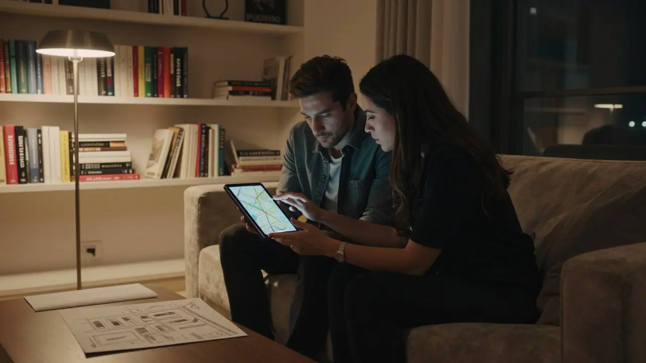 Two people sit together in a modern Dubai apartment, reviewing a map of an art district.