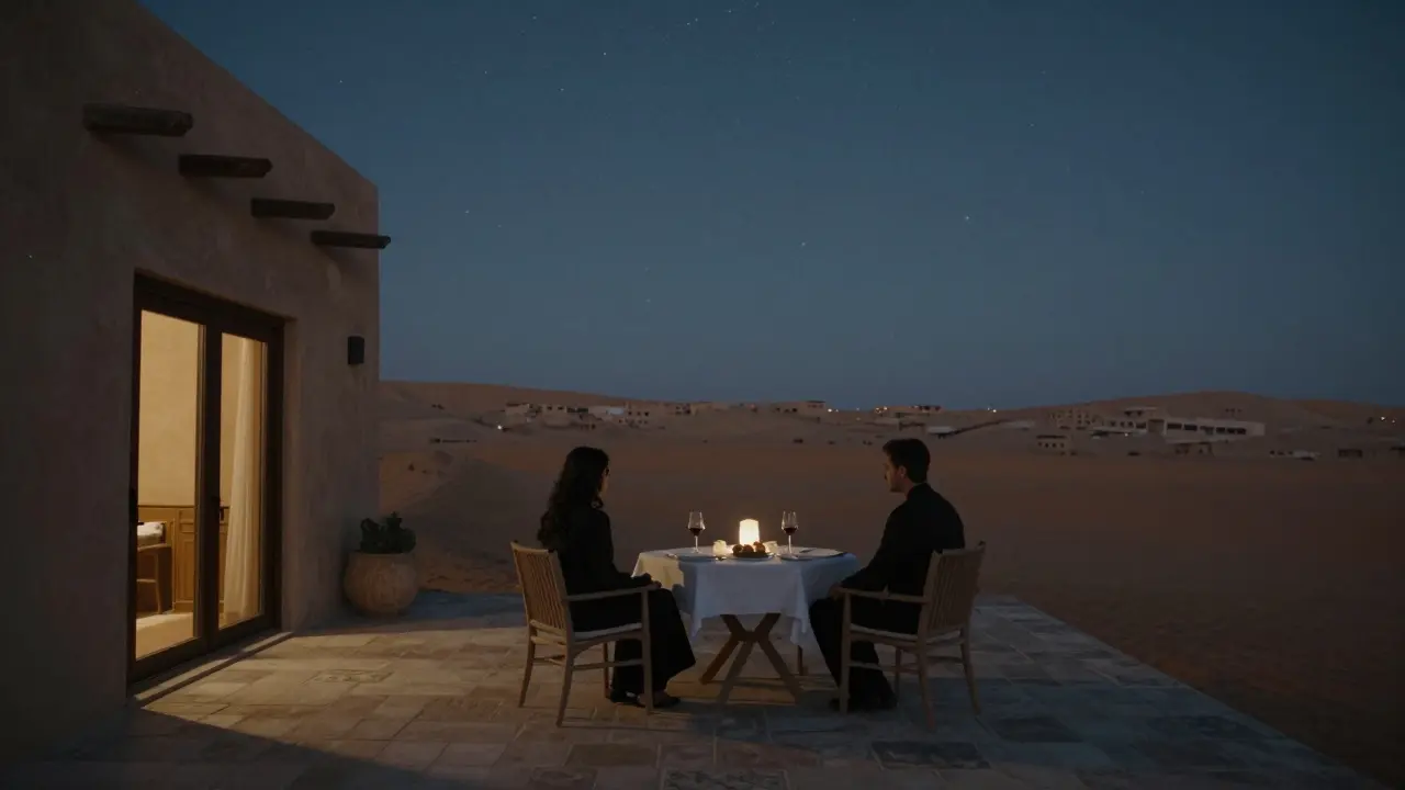Two silhouettes share a quiet evening on a desert villa terrace under the moonlight.