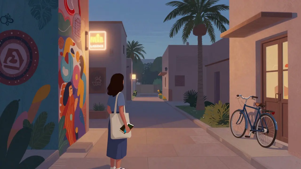 Woman standing before colorful street art in Alserkal Avenue at dusk, holding a book, soft neon lights glowing around her.