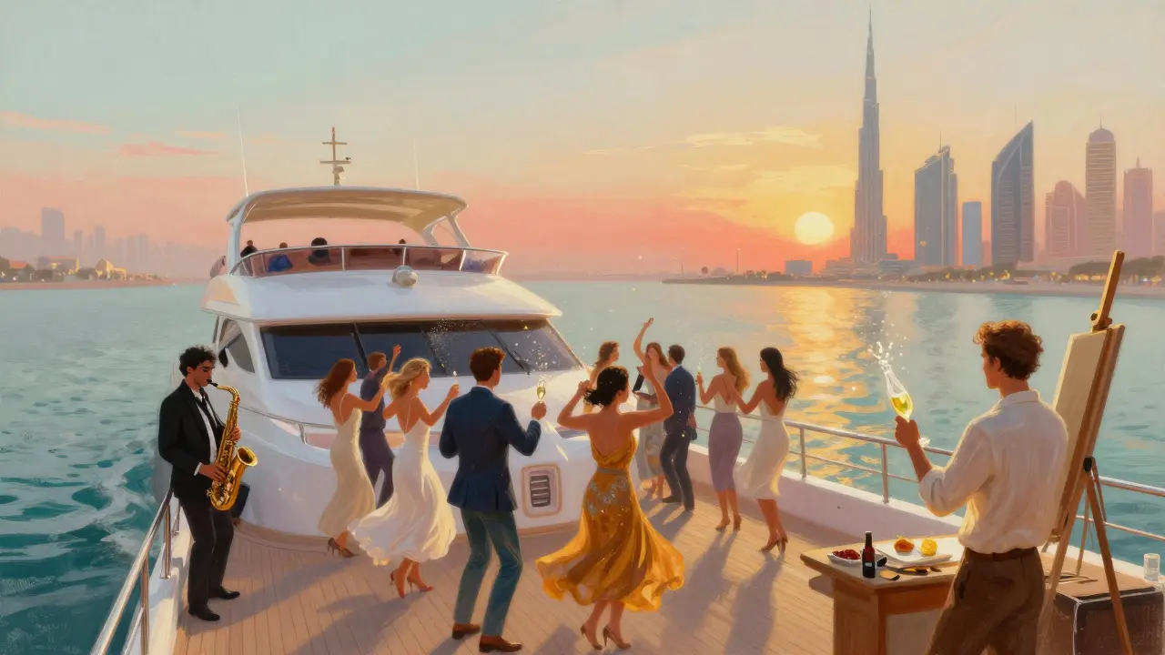 Yacht party at sunset with guests dancing, saxophonist, and Burj Khalifa in background