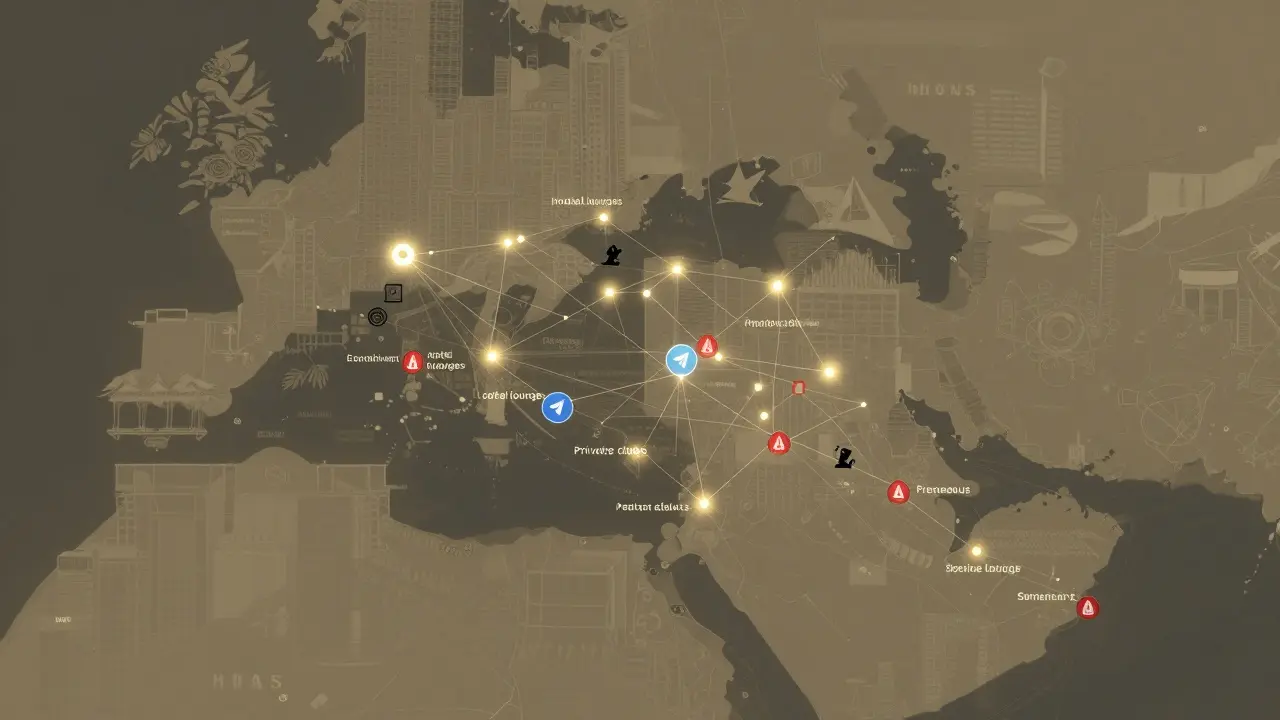 A conceptual map of Dubai showing hidden companion spots and risk warnings.