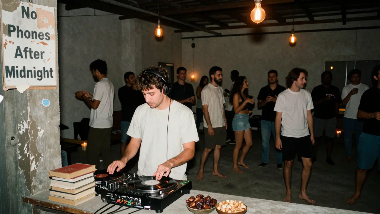 A crowd dancing in a dim warehouse with no phones, a DJ spinning vinyl under flickering Edison bulbs.