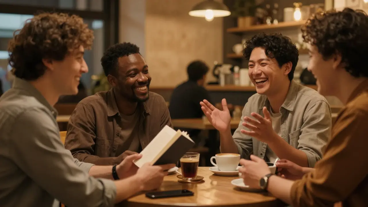 A group of expats laughing together in a cozy café at night, sharing conversation without phones.