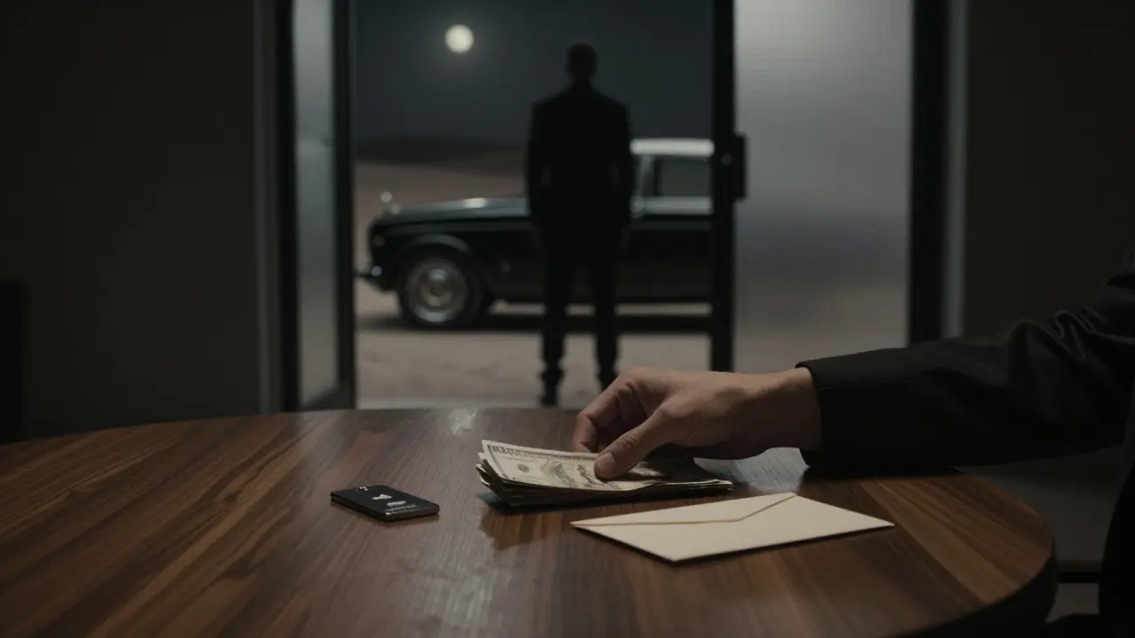 A hand places cash on a wooden table in a private lounge, with a vintage car waiting outside under the moon — no faces, only trust.