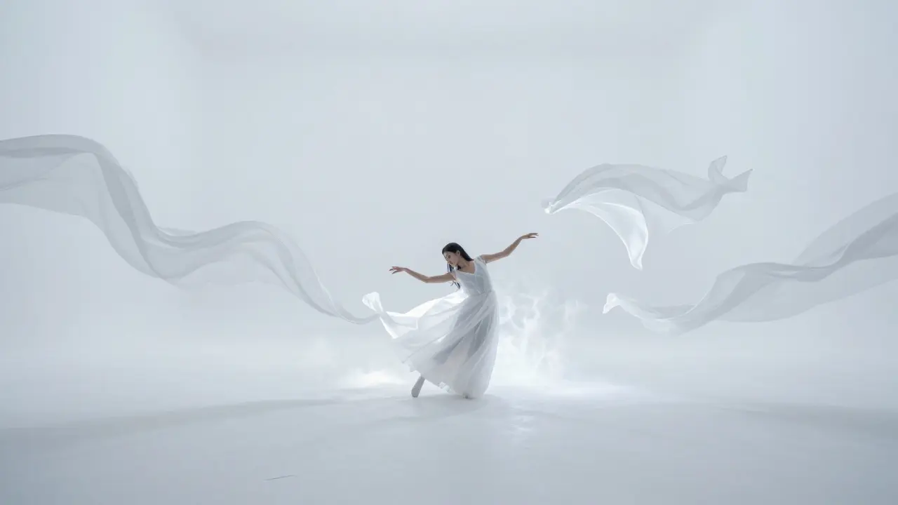 A lone dancer in an infinite white space, surrounded by floating fabric and glowing mist, lost in the rhythm.