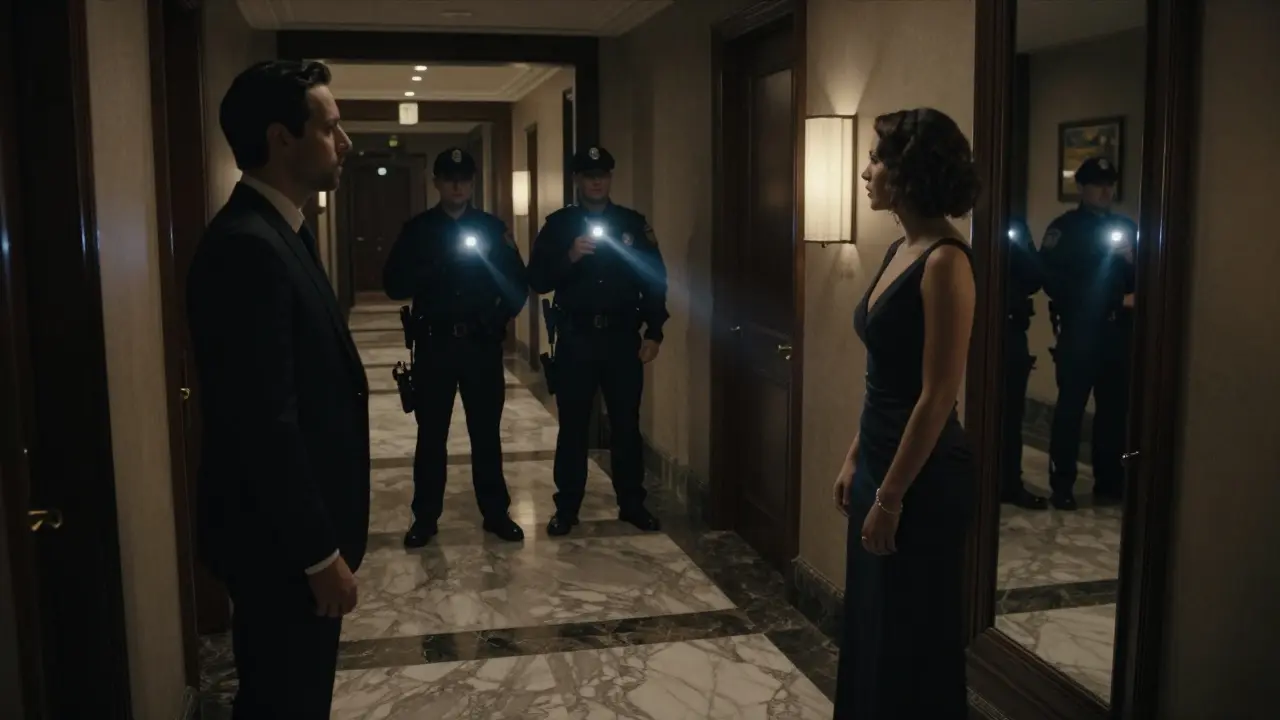 A man and woman in formal attire freeze in a hotel hallway as security officers approach, shadows stretching under harsh flashlight beams.