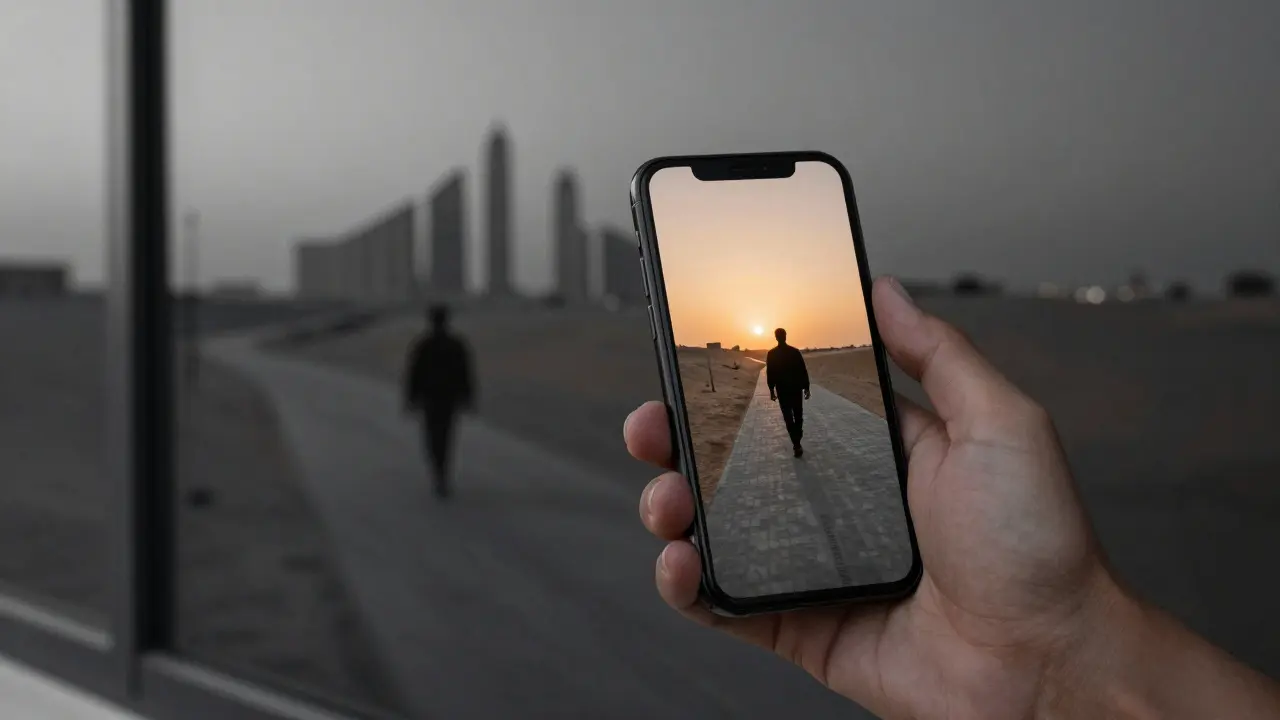 A person walks alone at dawn along a desert path, smartphone reflection showing encrypted messages.