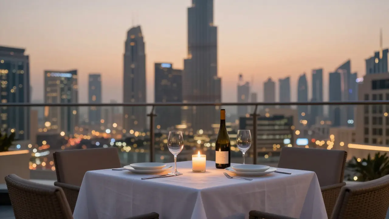 A romantic rooftop dinner in Dubai with candlelight, wine, and the city skyline glowing at dusk.