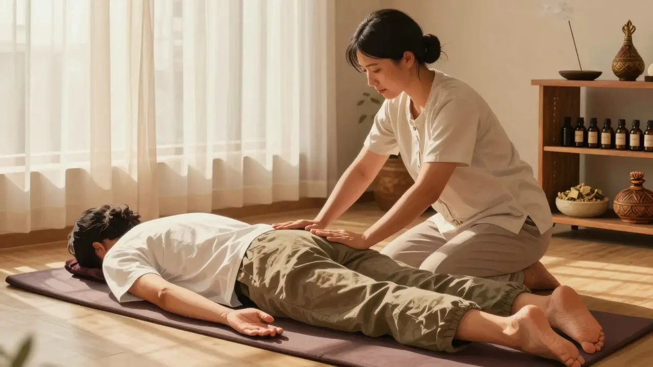 A Thai massage therapist gently stretching a client in a quiet, sunlit Al Barsha studio.