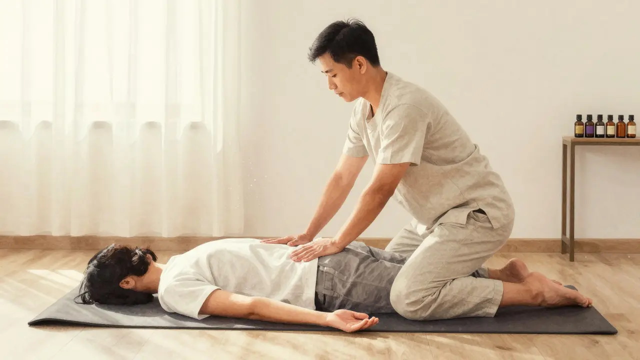 A Thai massage therapist gently stretching a clothed client on a low mat in a modest Al Barsha room.