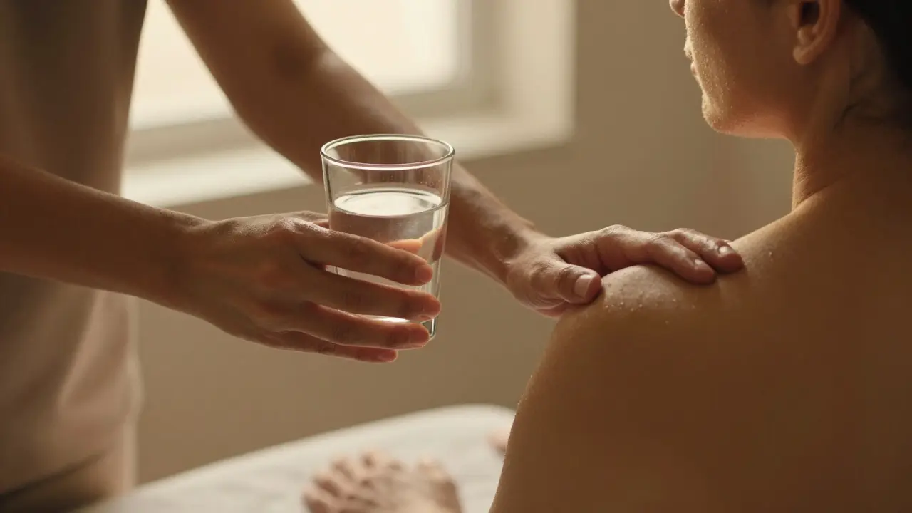A therapist offering water to a client after a massage, hands gently resting on their shoulder in warm light.