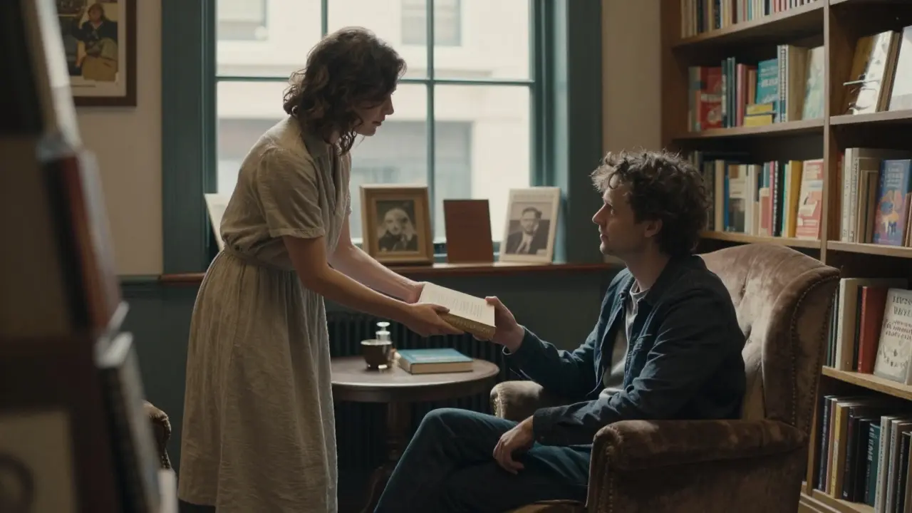 A woman handing a poetry book to a man in a cozy bookshop, sunlight filtering through windows.