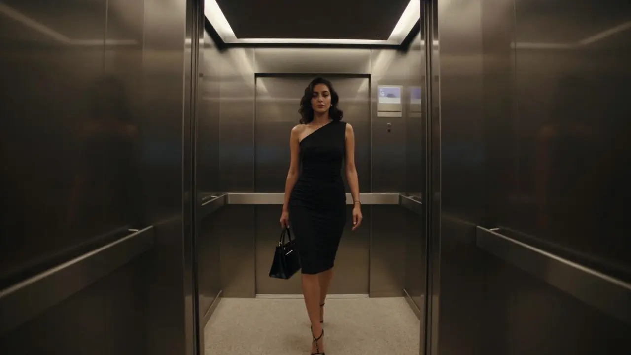 A woman walking alone in a high-end Dubai hotel elevator, shadows and subtle lighting.
