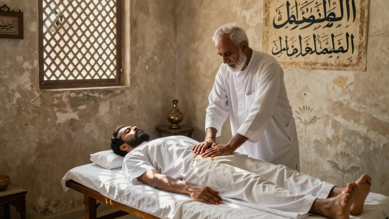An elderly therapist performs Ayurvedic massage in a quiet Bur Dubai shop with traditional decor.