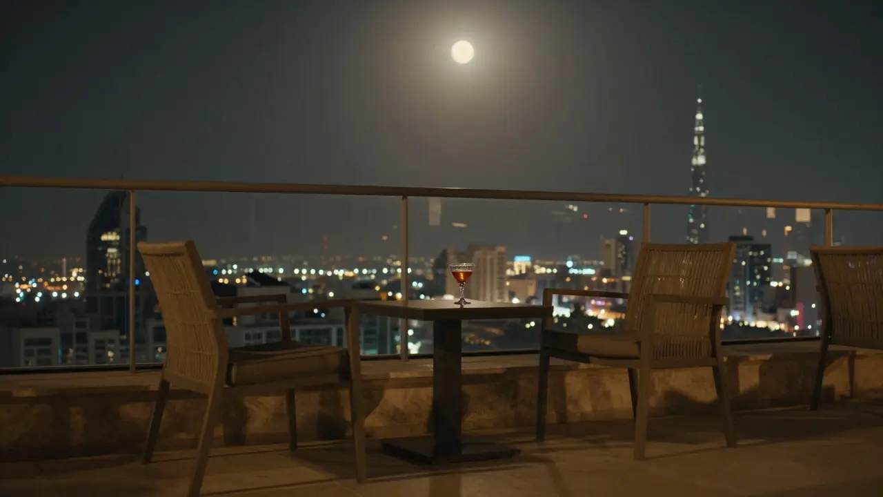 An empty rooftop lounge in Dubai at night with a half-drunk cocktail, overlooking the city skyline.
