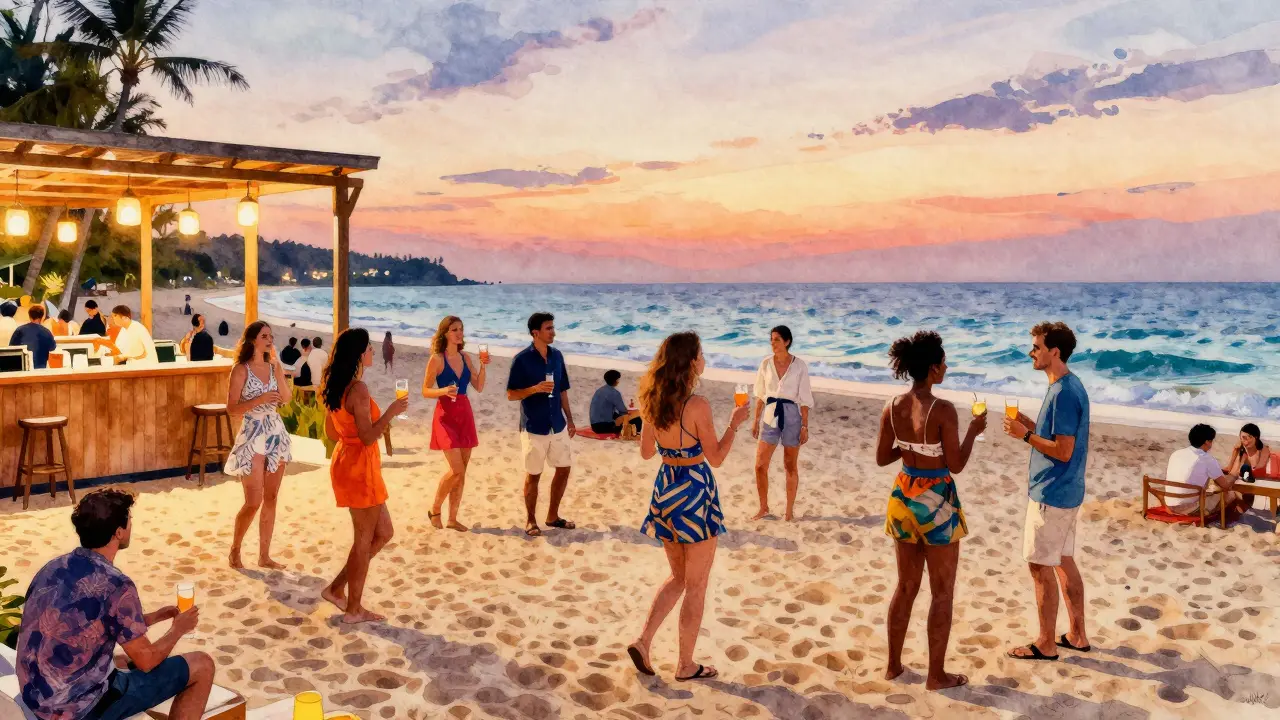 Beach club with sand floor and ocean sunset views.