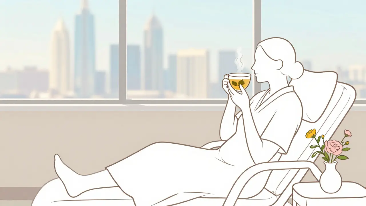 Client relaxing with herbal tea overlooking Dubai skyline in spa lounge.