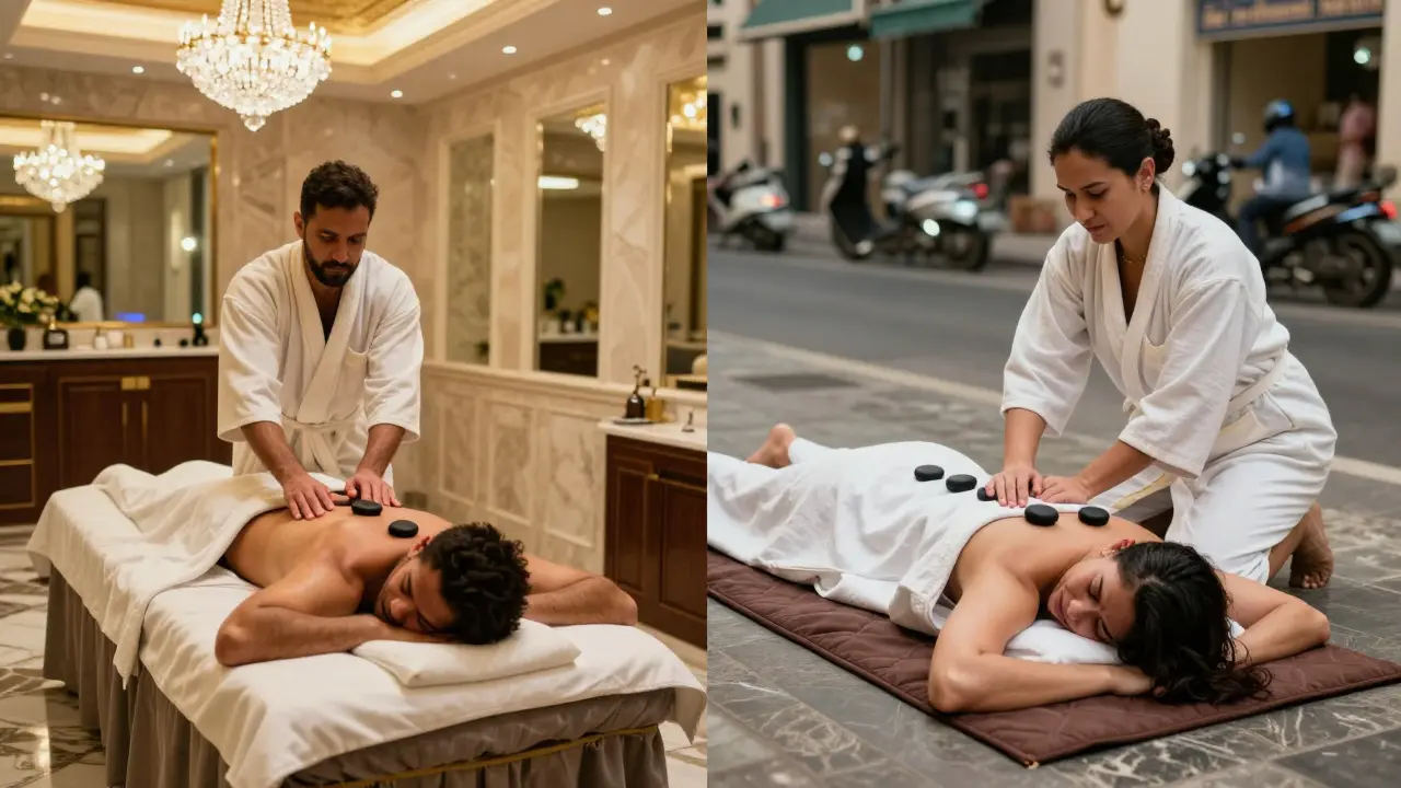 Contrast between luxury hotel massage and street-side Thai massage in Dubai.