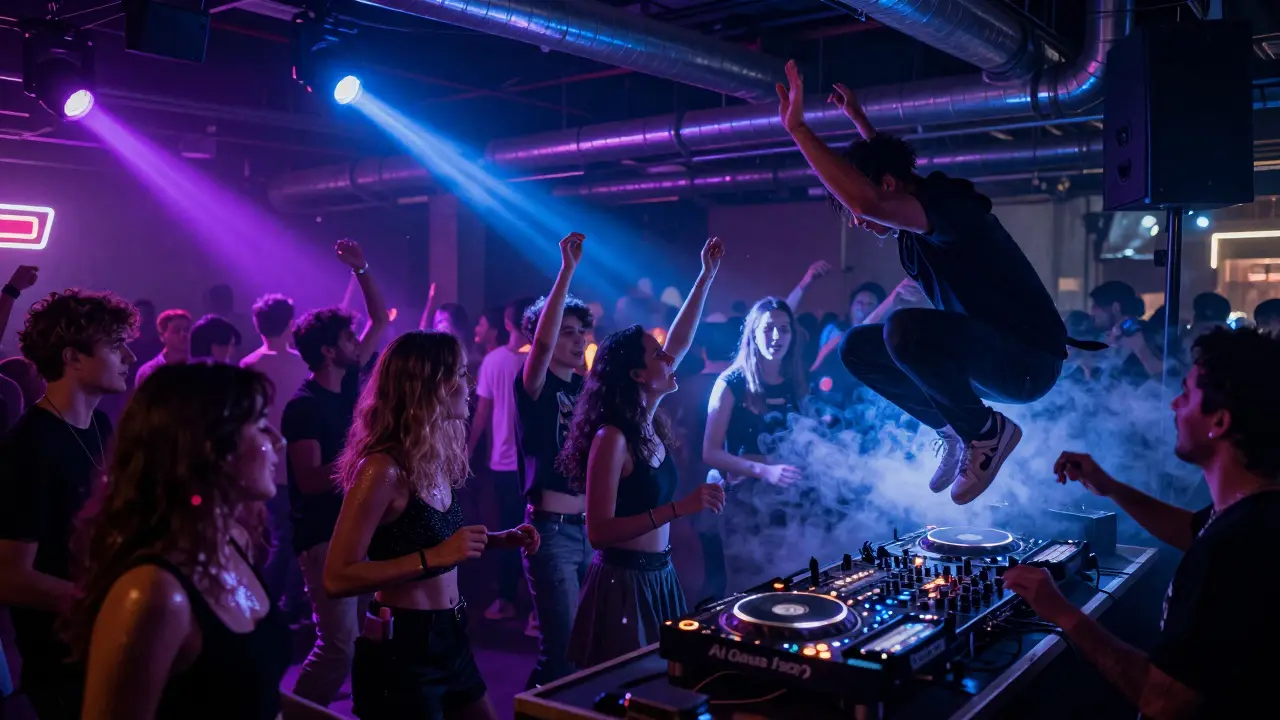 Crowd dancing in a neon-lit underground club with strobe lights and smoke filling the air.