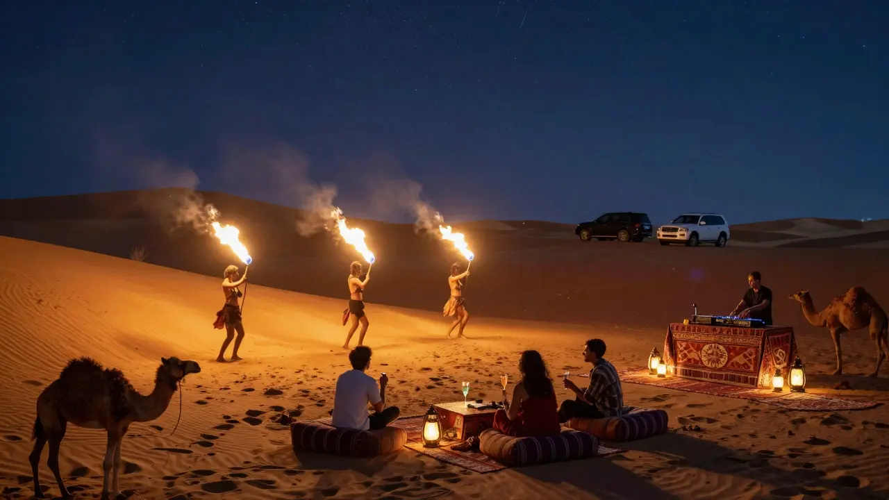 Desert party under stars with fire dancers, camels, and lantern-lit lounge area on golden dunes.