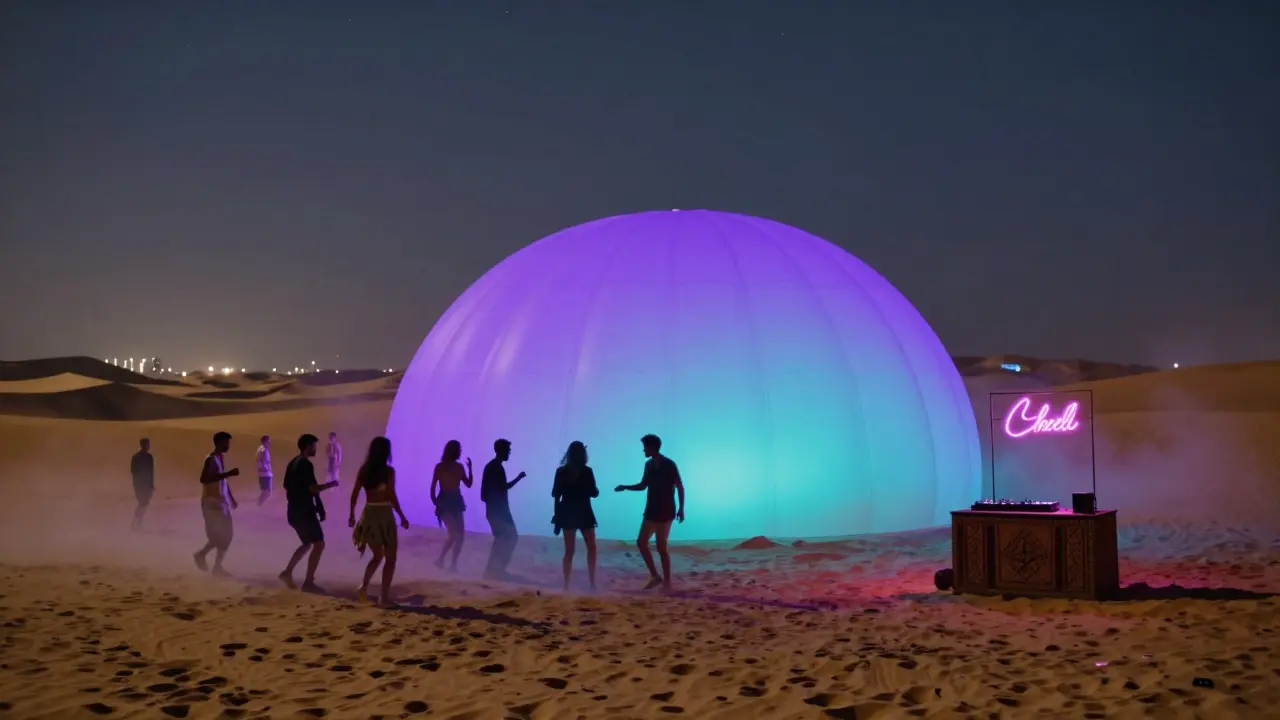 Desert rave at dawn with silhouettes dancing on golden dunes under a glowing inflatable dome and starry sky.