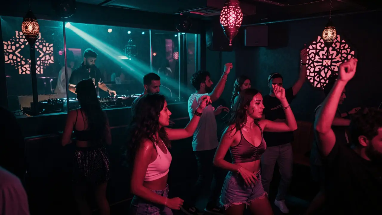 Diverse crowd dancing in a dimly lit underground Dubai club with Arabic fusion beats and glowing geometric walls.