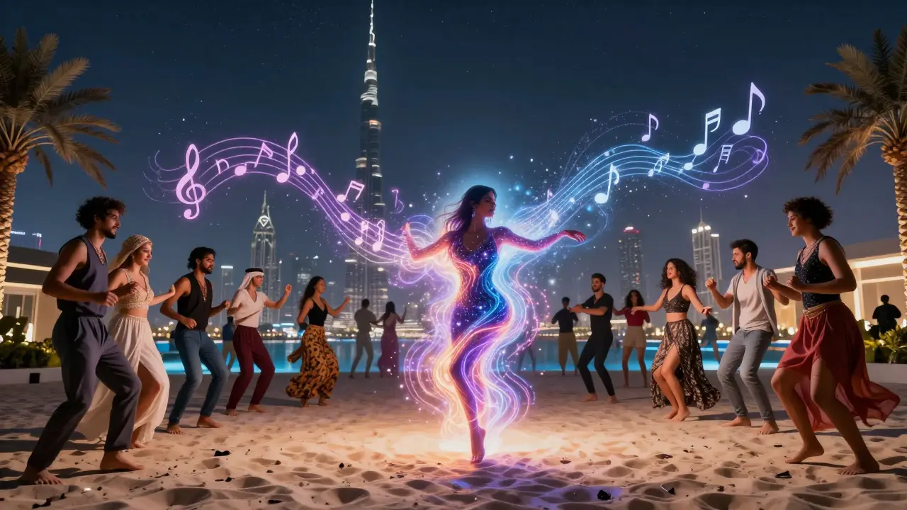 Diverse dancers on a beach floor as music notes swirl into the sky with Burj Khalifa in the background.