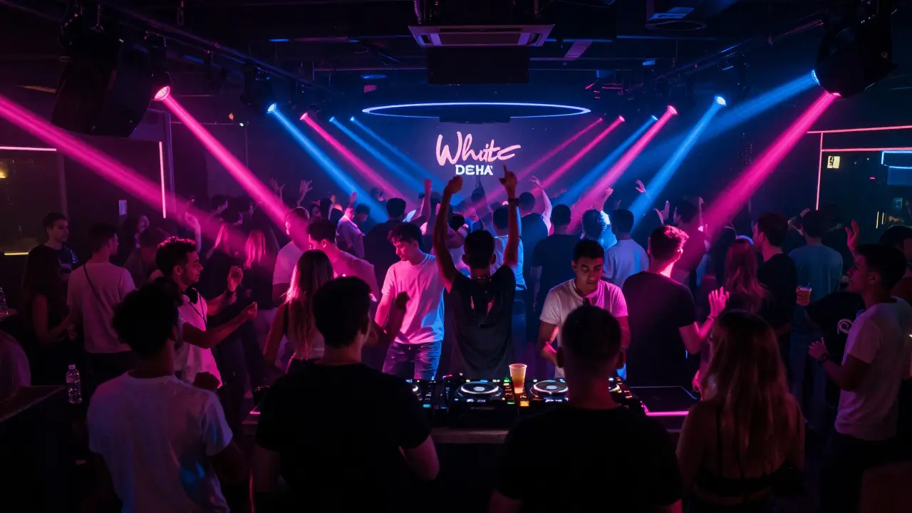 Energetic nightclub dance floor with strobe lights and DJ.