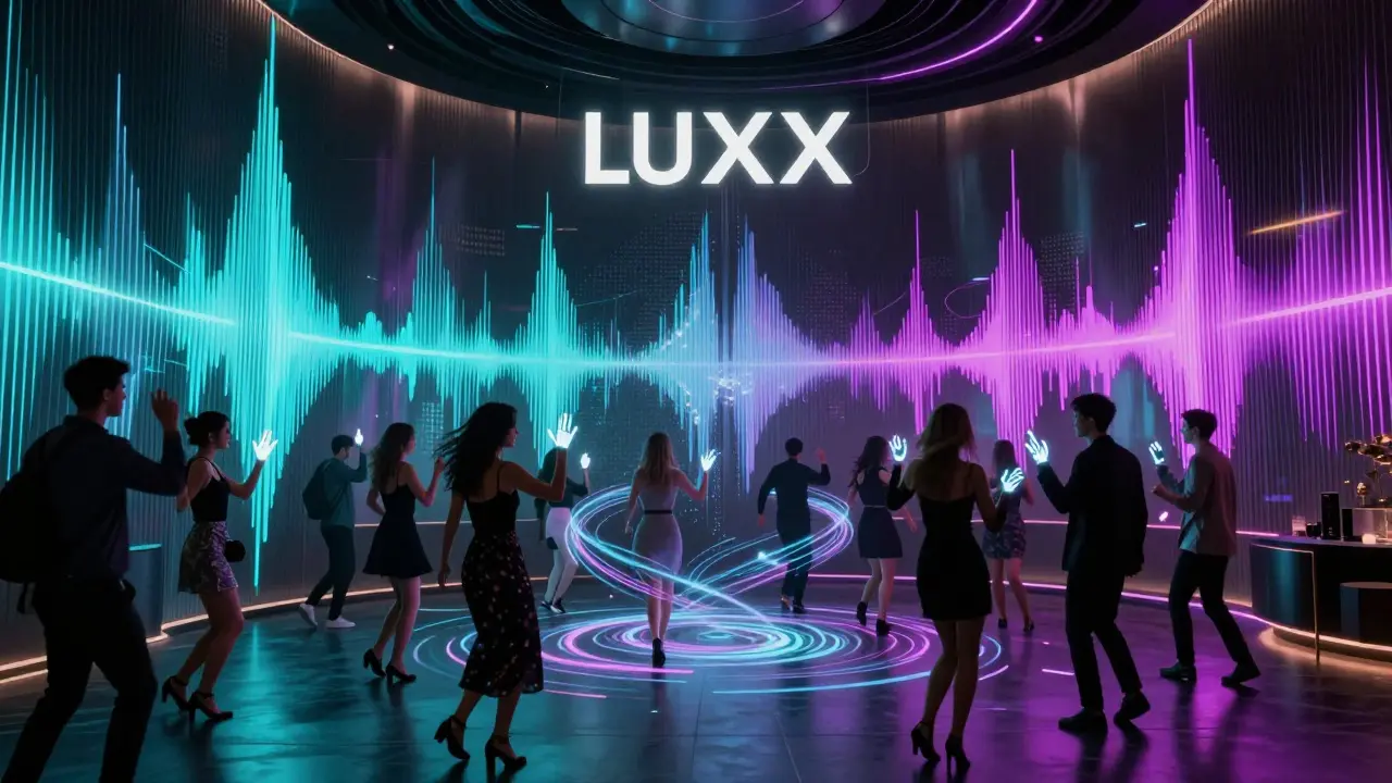 Futuristic nightclub interior with glowing light waves reacting to music in a crowd without phones.