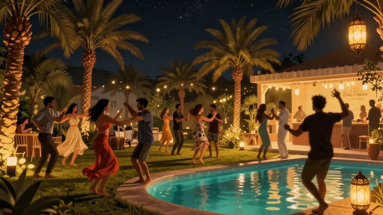 Guests dancing barefoot under lanterns by a pool at an open-air Dubai nightclub at night.