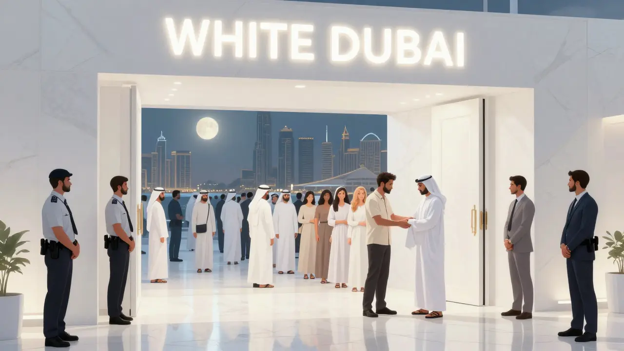 Guests lining up at White Dubai's entrance, receiving white hoodies as security checks outfits under the Dubai Marina skyline.