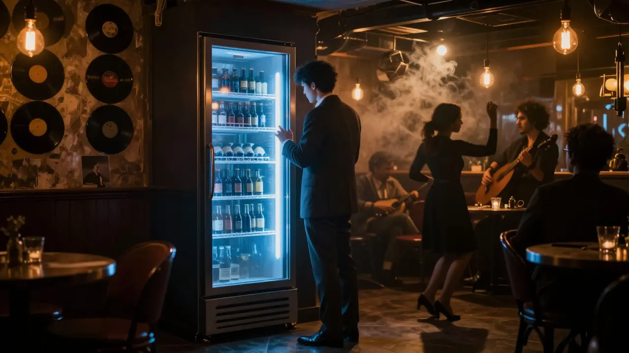 Hidden speakeasy entrance behind a fridge door, glowing blue light and shadowy dancers inside.
