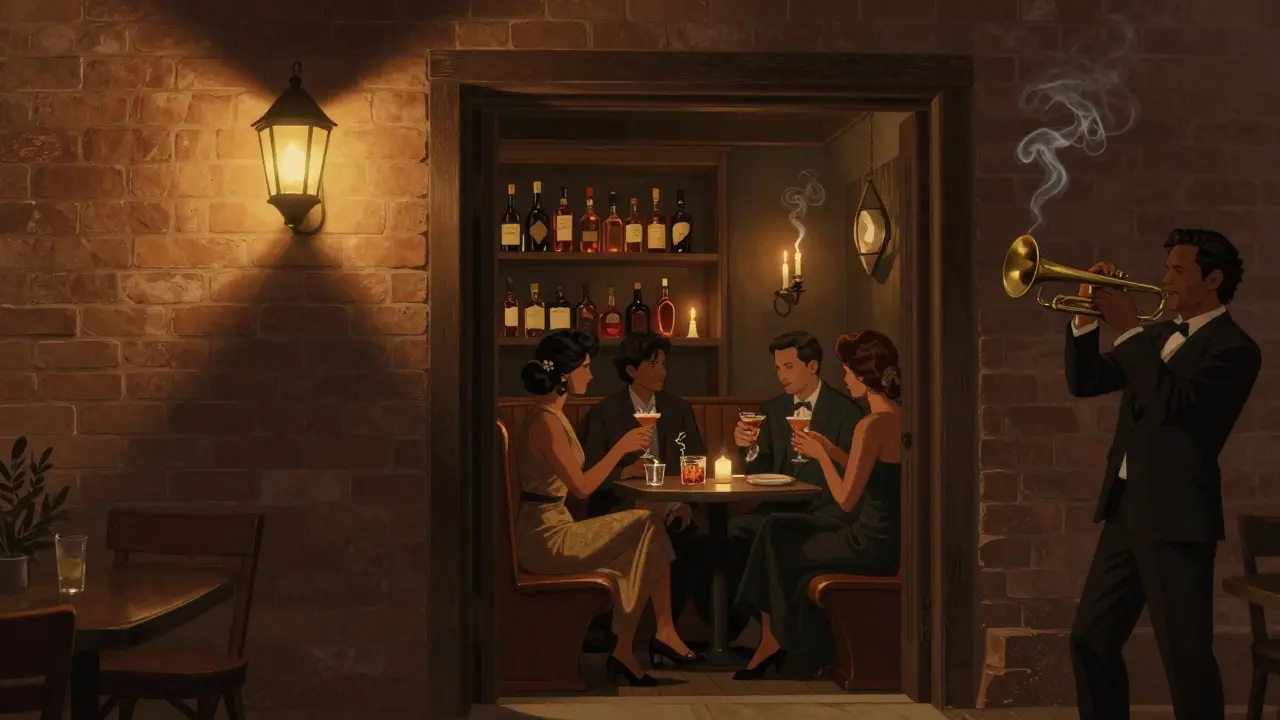 Hidden speakeasy in Dubai with warm lantern light, patrons sipping cocktails in intimate wooden booths.