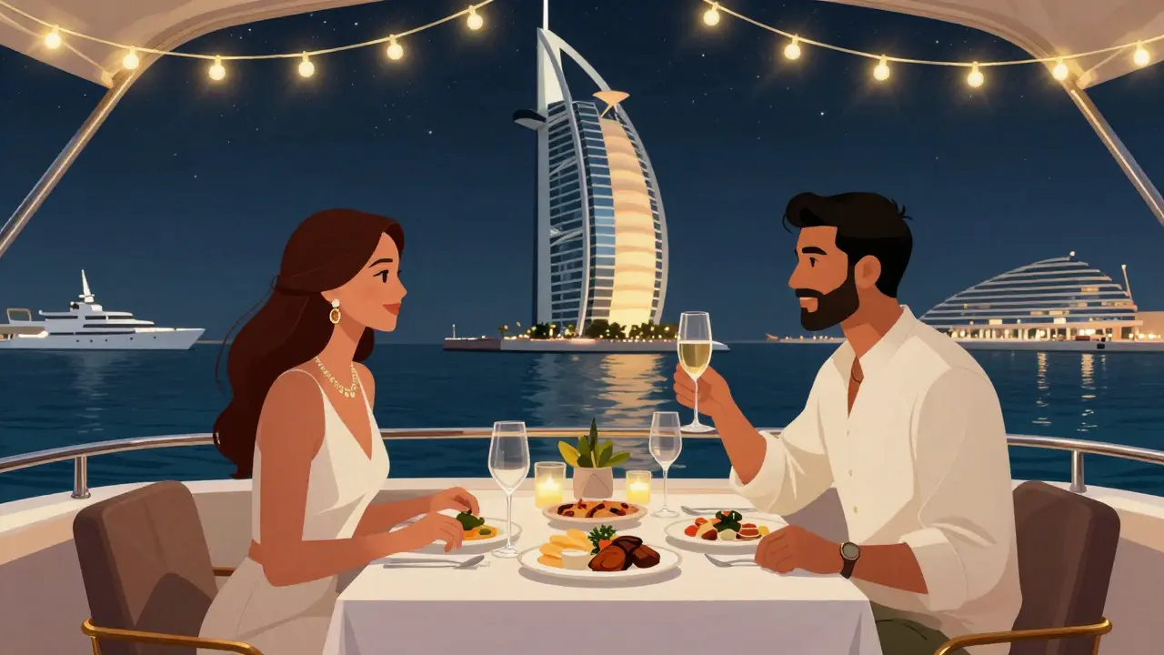 Intimate yacht dinner with gourmet food and city lights at night.