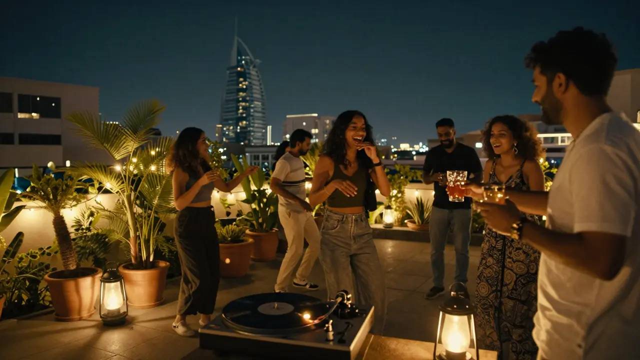 Locals dancing spontaneously on a rooftop garden as vinyl plays on repeat, lanterns glowing in the night.